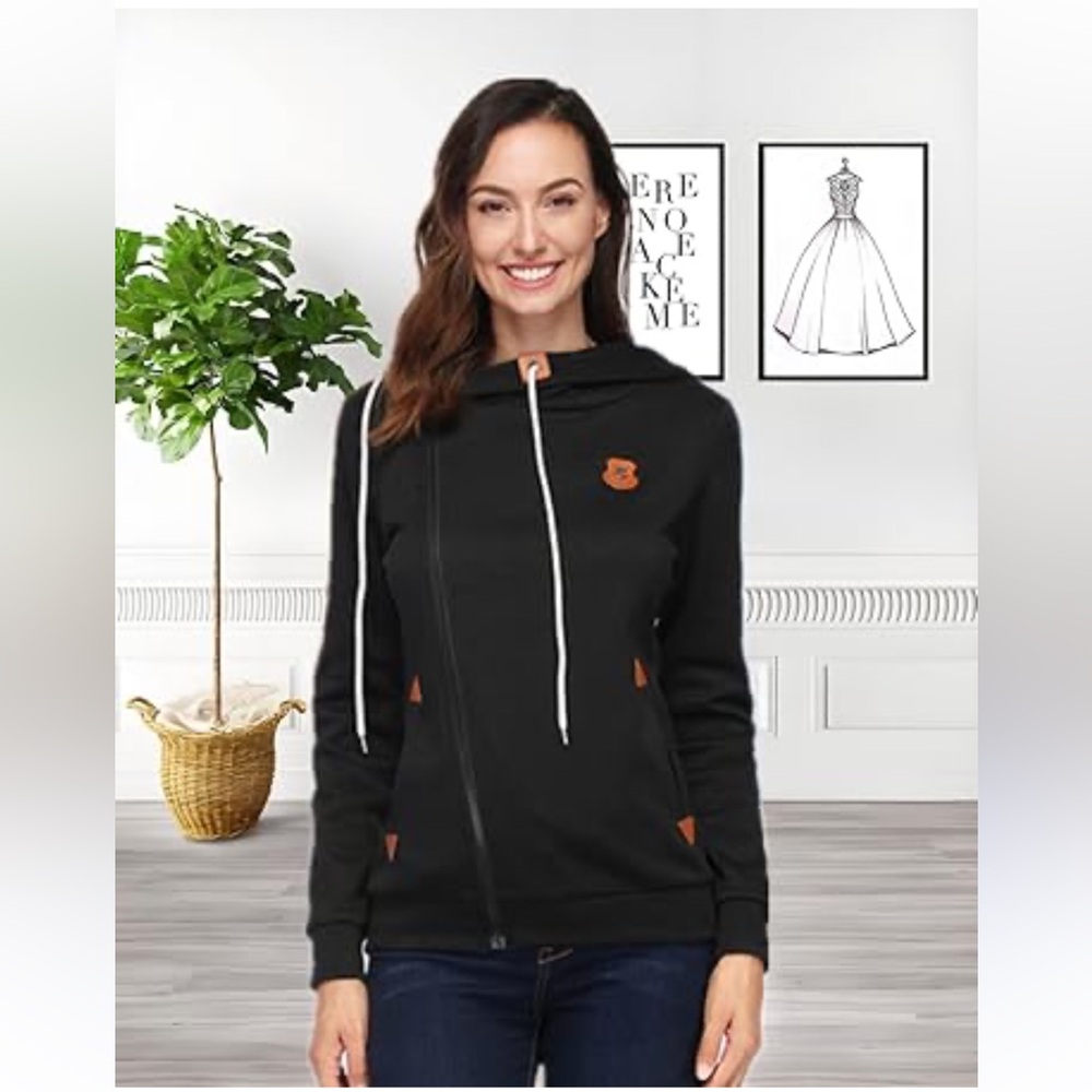 Elfin Women Full Diagonal Zip Sport Hoodie Sweatshirt Black Jacket Anchor Size S